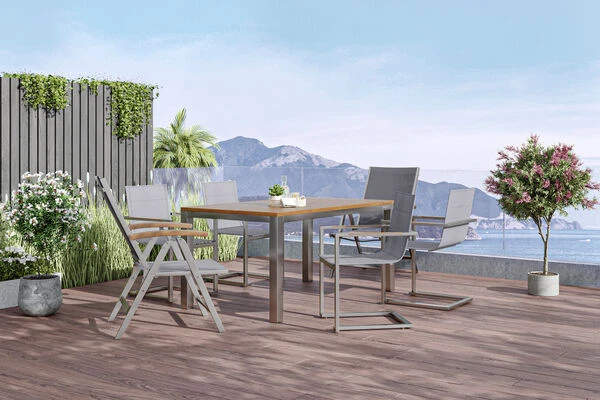 OUTFLEXX Set, Taupe, 180/240 X 100 Cm, Edelstahl/Teak, Ausziehtisch, 4 Stühle Padded, 2 Multipositionssessel