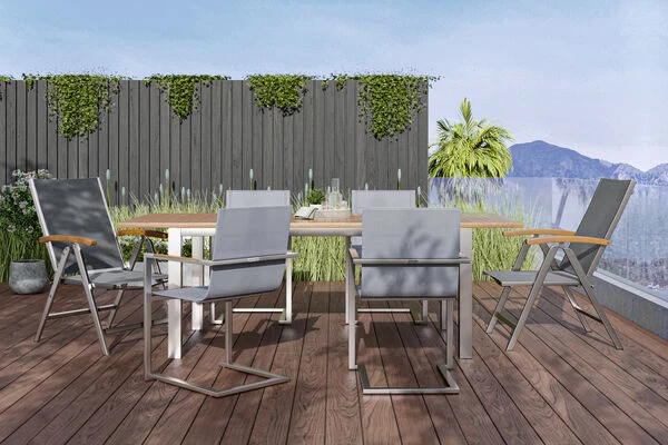 OUTFLEXX Set, Taupe, 180/240 X 100 Cm, Edelstahl/Teak, Ausziehtisch, 4 Stühle Padded, 2 Multipositionssessel – Bild 2