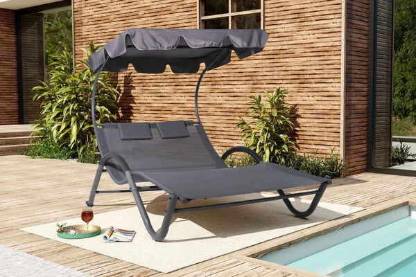 OUTFLEXX Doppelliege, Anthrazit, Polyester/Stahl Pulverbeschichtet, 205x138x34cm, Inkl. Nackenkissen, Rollbar – Bild 9