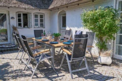 VILLANA Esstischset, Silber/schwarz, Alu/FSC-Akazie, Ausziehtisch 150/200 X 90 Cm, 8 Multipositionsessel