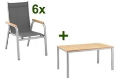 Kettler Granada Esstisch-Set, Silber/anthrazit, Teaktisch 160x95cm, 6 Stapelsessel, FSC-zertifiziert