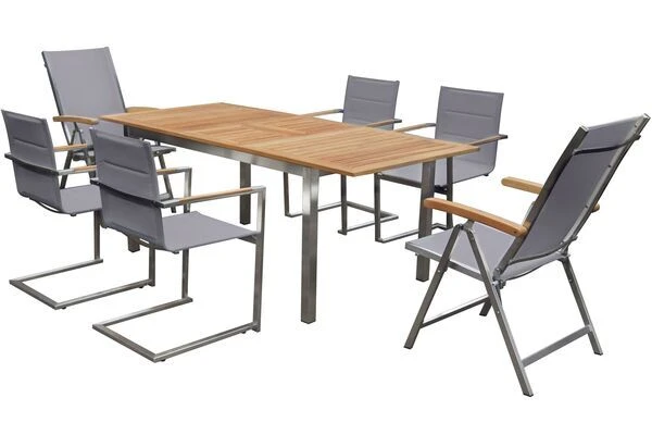 OUTFLEXX Set, Taupe, 180/240 X 100 Cm, Edelstahl/Teak, Ausziehtisch, 4 Stühle Padded, 2 Multipositionssessel – Bild 3