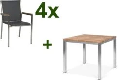 STERN Polaris Esstischgruppe, Silbergrau, Edelstahl/recycled Teak, Tisch 90 X 90 Cm, 4 Stapelsessel