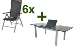 DOPPLER Expert Esstischgarnitur, Silber/schwarz, Alu/Textilene, 6 Multipositionssessel, 150-210x90cm
