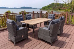 OUTFLEXX Esstischgarnitur, Edelstahl/recyceltes FSC-Teak, Tisch 200x100 Cm, 6 Diningsessel, A-Gestell