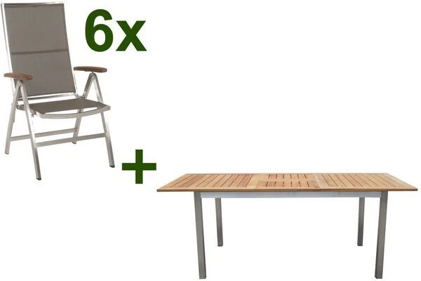 STERN Cardiff Esstischgruppe, Silber/taupe, Edelstahl/FSC-Teak, Tisch 150/200x90cm, 6 Multipositionssessel