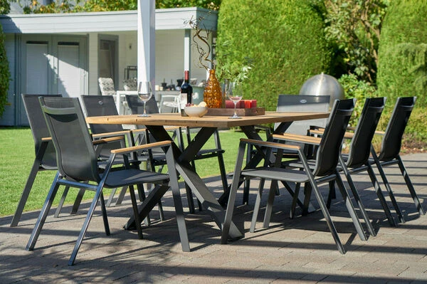 HARTMAN Xanadu / Aruba Set, Xerix/anthrazit, Alu/Teakholz, 8 Stapelsessel, Teakarmlehnen, 220x100cm