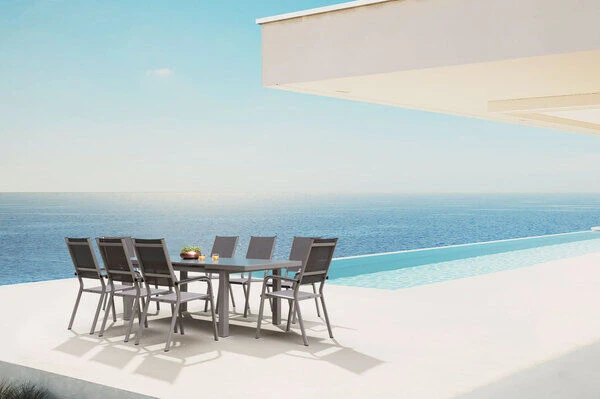 KETTLER Friends Esstischgarnitur, Silber, Alu/Textilene, Tisch 180/240 X 100 Cm, 8 Stapelsessel