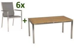 STERN Cardiff Esstischgarnitur, Silber/silbergrau, Edelstahl/Textilen/FSC-Teak/Alu, 162/220 X 90 Cm, Butterfly-Auszug, 6 Stapelsessel