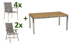 STERN Cardiff Esstischgarnitur, Silber/silbergrau, Edelstahl/Textilen/FSC-Teak/Alu, 162/220 X 90 Cm, Butterfly-Auszug, 4 Stapel-, 2 Multipo