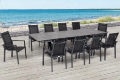 OUTFLEXX Esstischgarnitur, OUTFLEXX® Anthrazit Matt, Alu / HPL / Textil, Tisch 180/280x100cm, 10 Stapelsessel