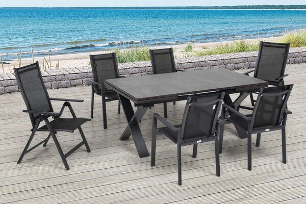 OUTFLEXX Esstischgarnitur, OUTFLEXX® Anthrazit Matt, Alu / HPL / Textil, Tisch 180/280x100cm, 4 Stapelsessel, 2 Multipo