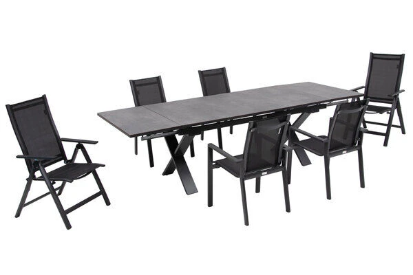 OUTFLEXX Esstischgarnitur, OUTFLEXX® Anthrazit Matt, Alu / HPL / Textil, Tisch 180/280x100cm, 4 Stapelsessel, 2 Multipo – Bild 2