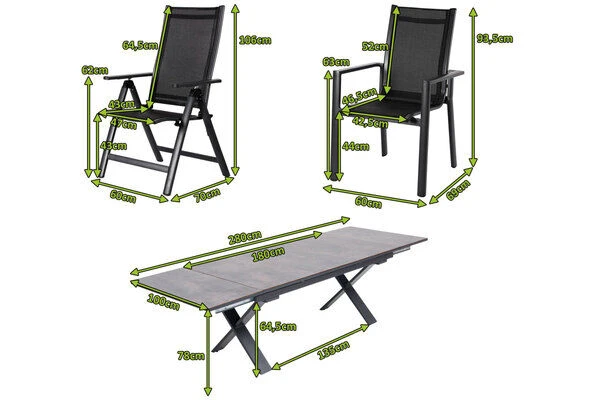 OUTFLEXX Esstischgarnitur, OUTFLEXX® Anthrazit Matt, Alu / HPL / Textil, Tisch 180/280x100cm, 4 Stapelsessel, 2 Multipo – Bild 5