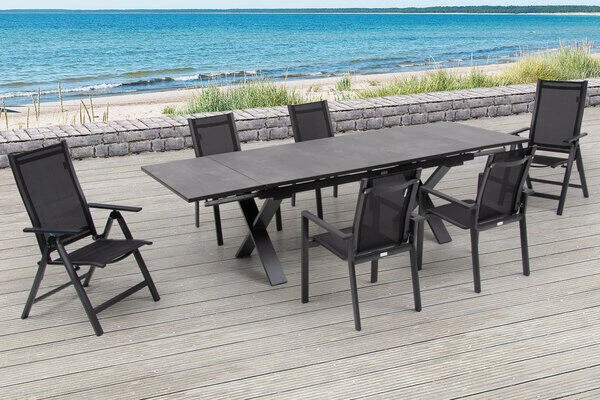 OUTFLEXX Esstischgarnitur, OUTFLEXX® Anthrazit Matt, Alu / HPL / Textil, Tisch 180/280x100cm, 4 Stapelsessel, 2 Multipo – Bild 7