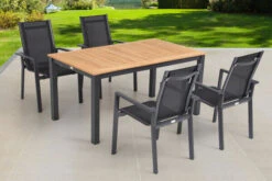 OUTFLEXX Esstischgarnitur, OUTFLEXX® Anthrazit Matt, Alu / Teak / Textil, Ausziehtisch 150/210x90cm, 4 Stapelsessel