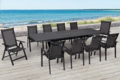 OUTFLEXX Esstischgarnitur, Anthrazit, Alu / Keramik / Textil, 180/280x100cm, 2 Multipo, 8 Stapelsessel