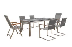 OUTFLEXX Esstischgarnitur, Silber, Edelstahl/Granit/Textil, 200x100 Cm, 4 Freischwinger, 2 Multipos, Padded, Teakarmlehnen