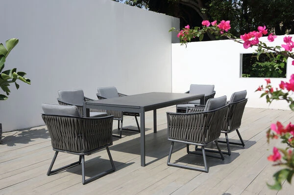 OUTFLEXX Esstischgarnitur, Anthrazit, Alu, Ausziehtisch 180/270x100 Cm, 6 Sessel – Bild 2