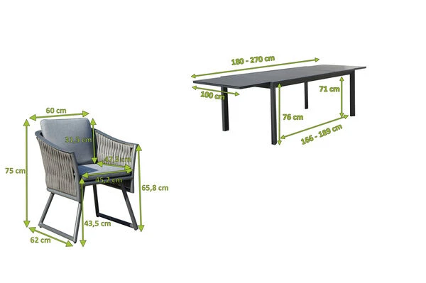 OUTFLEXX Esstischgarnitur, Anthrazit, Alu, Ausziehtisch 180/270x100 Cm, 6 Sessel – Bild 5