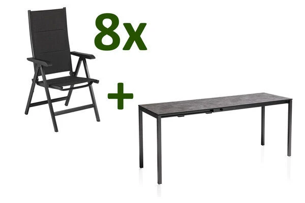 KETTLER Cubic/Basic Plus Padded Esstischgarnitur, Anthrazit, Alu/HPL/Textilene, 140/210x70 Cm, 8 Multipos