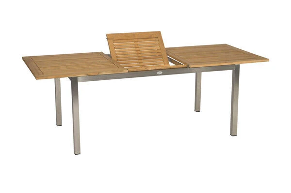 STERN Cardiff Esstischgarnitur, Silber/silbergrau, Edelstahl/Textilen/FSC-Teak/Alu, 162/220 X 90 Cm, Butterfly-Auszug, 6 Stapelsessel – Bild 2