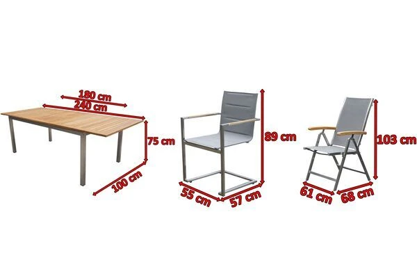 OUTFLEXX Set, Taupe, 180/240 X 100 Cm, Edelstahl/Teak, Ausziehtisch, 4 Stühle Padded, 2 Multipositionssessel – Bild 5