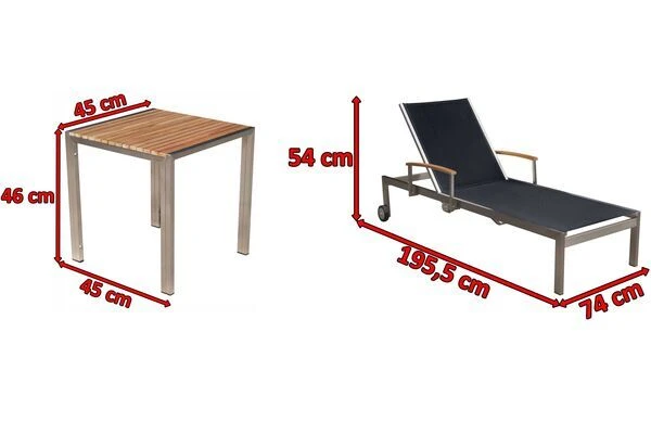 OUTFLEXX 2er-Set Sonnenliegen, Schwarz, Edelstahl/Teak, 195,5x74x35cm, Mit Beistelltisch 45x45cm – Bild 5