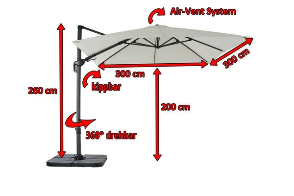 OUTFLEXX Ampelschirm, Creme, Pulverbesch. Aluminium, 300x300 Cm, Inkl. PlattenstĂ€nder, Twist-Funktion â Bild 5
