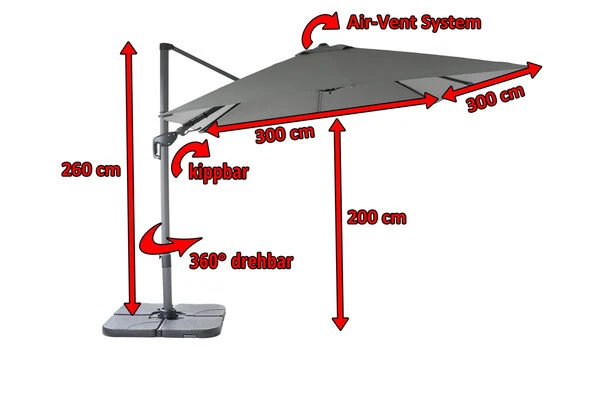 OUTFLEXX Ampelschirm, Anthrazit, Pulverbesch. Aluminium, 300x300 Cm, Inkl. Plattenständer, Twist-Funktion – Bild 5