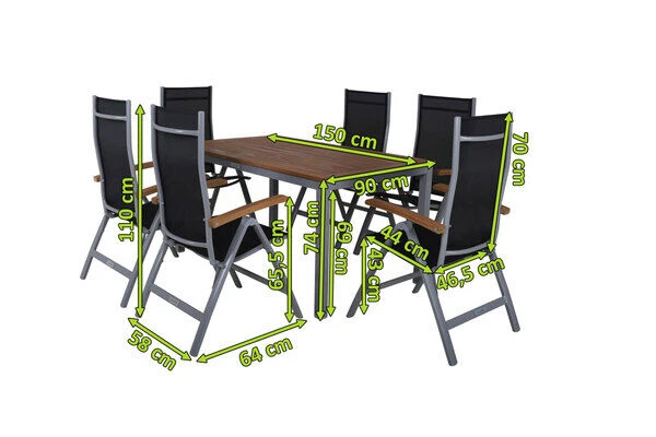 VILLANA Esstischgarnitur, Silber/schwarz, Alu / FSC-Akazienholz, Gartentisch 150 X 90 Cm, 6 Multipositionssessel – Bild 5