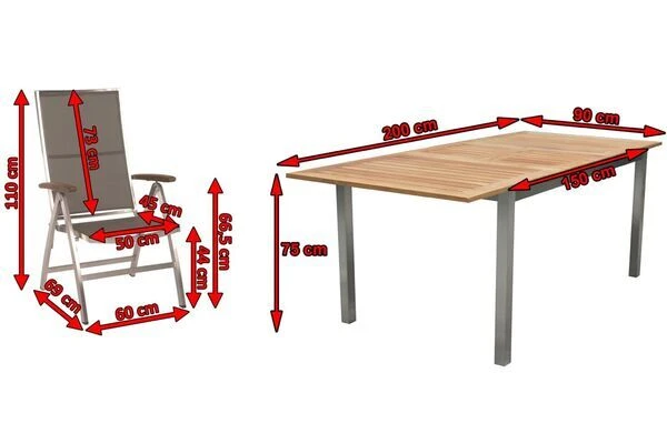 STERN Cardiff Esstischgruppe, Silber/taupe, Edelstahl/FSC-Teak, Tisch 150/200x90cm, 6 Multipositionssessel – Bild 5