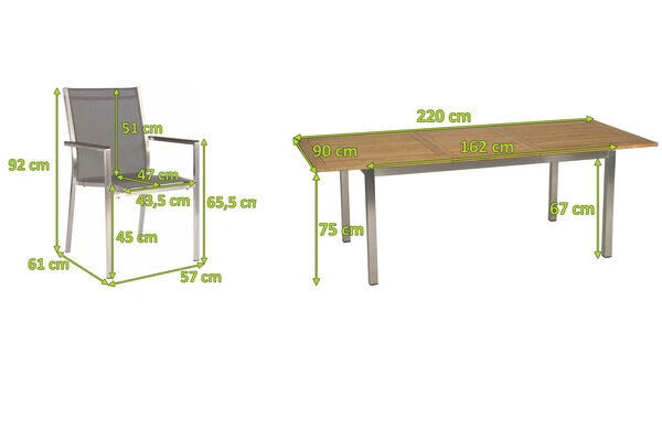 STERN Cardiff Esstischgarnitur, Silber/silbergrau, Edelstahl/Textilen/FSC-Teak/Alu, 162/220 X 90 Cm, Butterfly-Auszug, 6 Stapelsessel – Bild 5