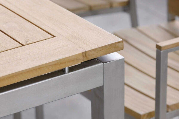 STERN Cardiff Esstischgarnitur, Silber/silbergrau, Edelstahl/Textilen/FSC-Teak/Alu, 162/220 X 90 Cm, Butterfly-Auszug, 6 Stapelsessel – Bild 6