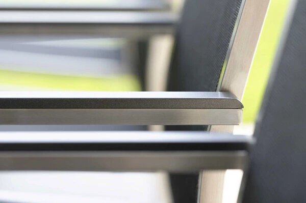 STERN Cardiff Esstischgarnitur, Silber/silbergrau, Edelstahl/Textilen/FSC-Teak/Alu, 162/220 X 90 Cm, Butterfly-Auszug, 6 Stapelsessel – Bild 7