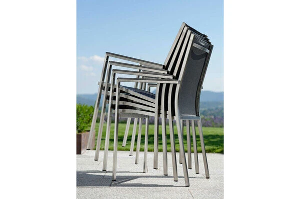 STERN Cardiff Esstischgarnitur, Silber/silbergrau, Edelstahl/Textilen/FSC-Teak/Alu, 162/220 X 90 Cm, Butterfly-Auszug, 6 Stapelsessel – Bild 9